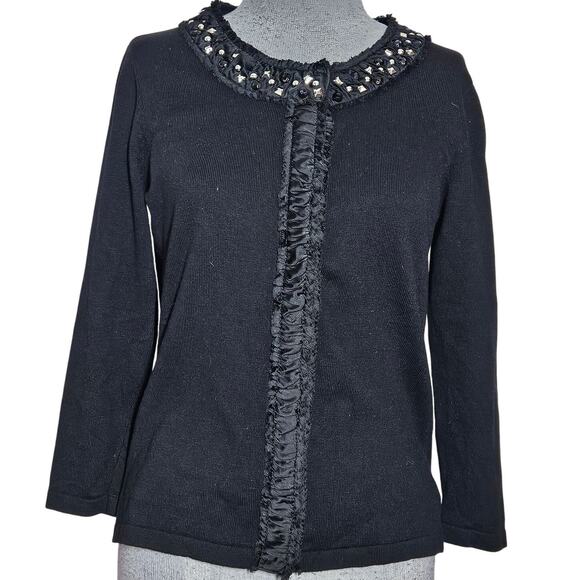 Black Embellished Neckline Snap Close Cardigan Sweater Size Medium - Picture 1 of 5